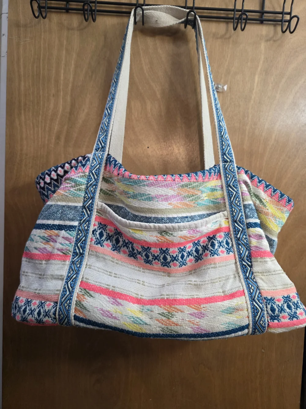 Multicolor Woven Boho Tote with Pink & Yellow Tassels